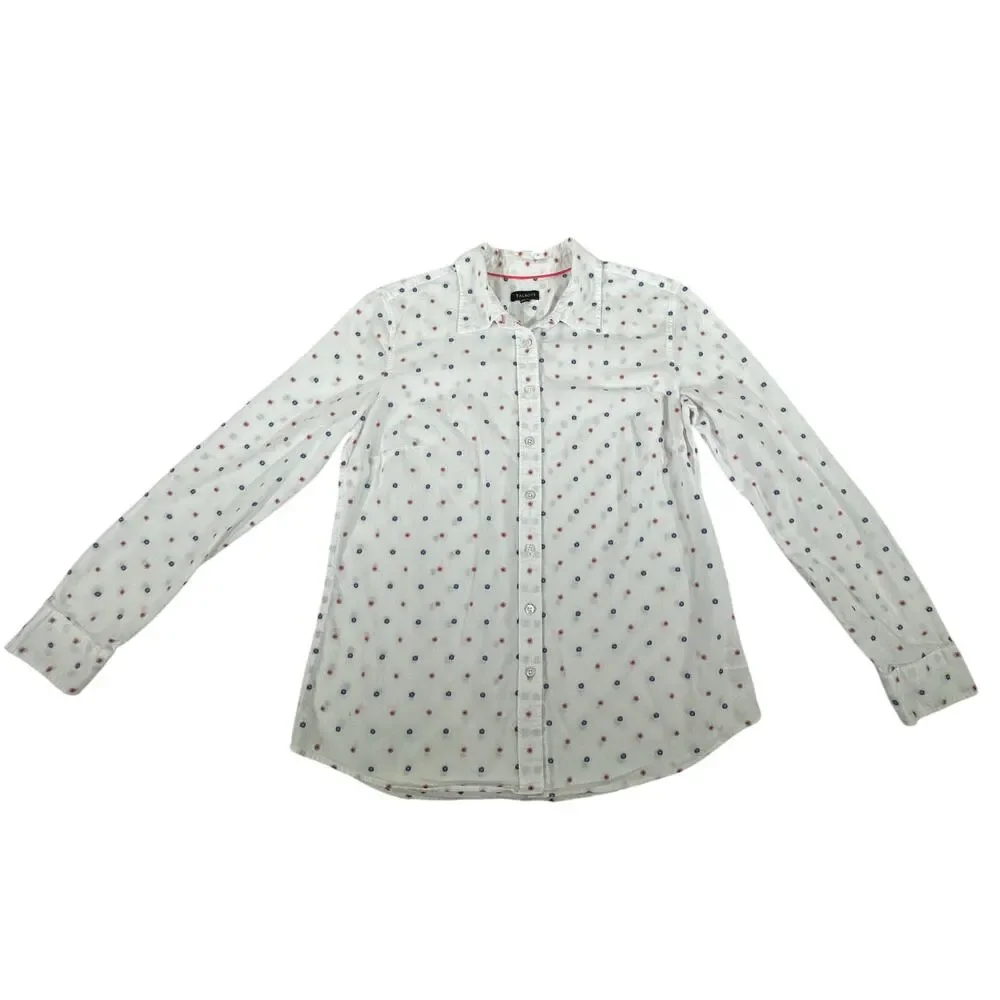 Talbots Button Up Shirt Size Medium White Pink Blue Embroidered Dots 100% Cotton